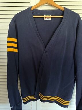 Men's Navy Cardigan with Yellow Stripe Accents